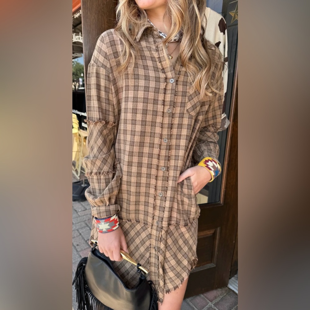 NWT Heyson Mineral wash oversized Plaid Long Sleeve cotton Dress in mocha size S